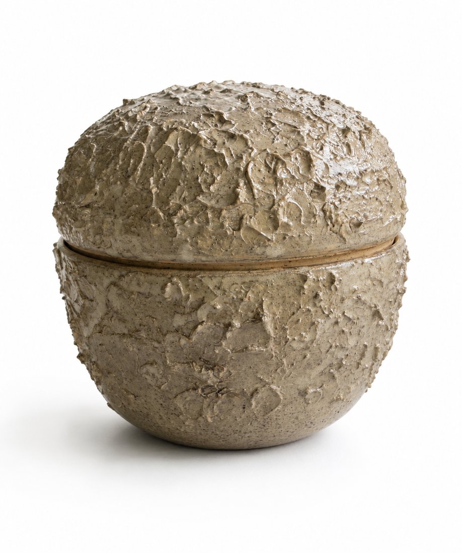Boîte couverte, grès brut à effet de lave volcanique, gris-beige