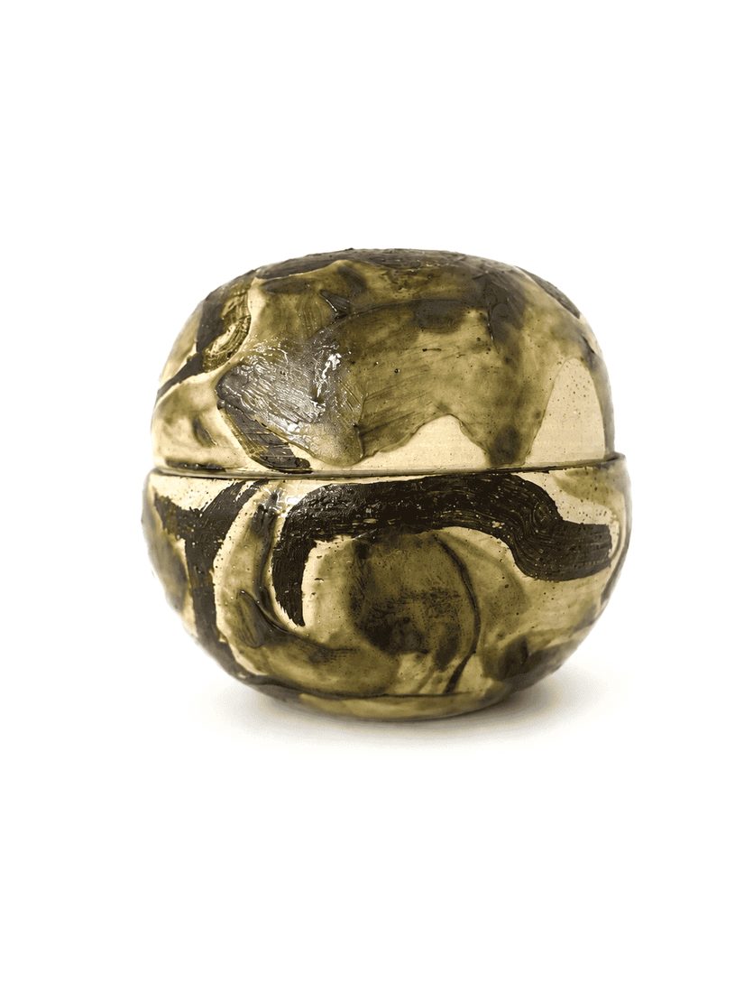 Boîte sphère, avec couvercle, grès émaillé olive et brun