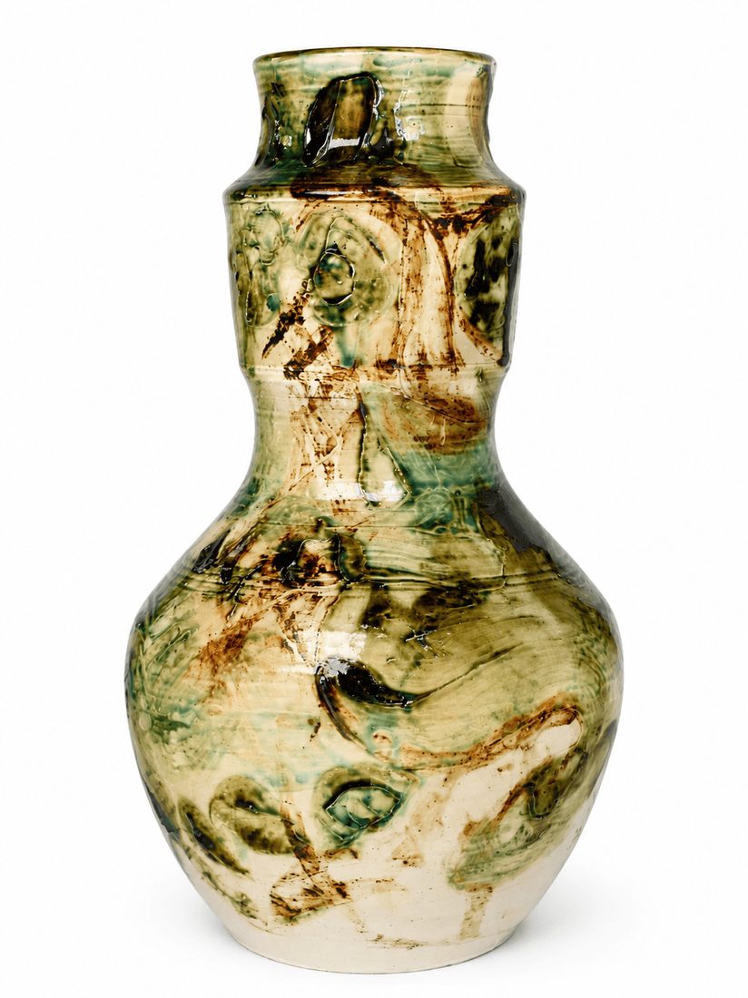Œil de cuivre, grès émaillé vert olive et brun