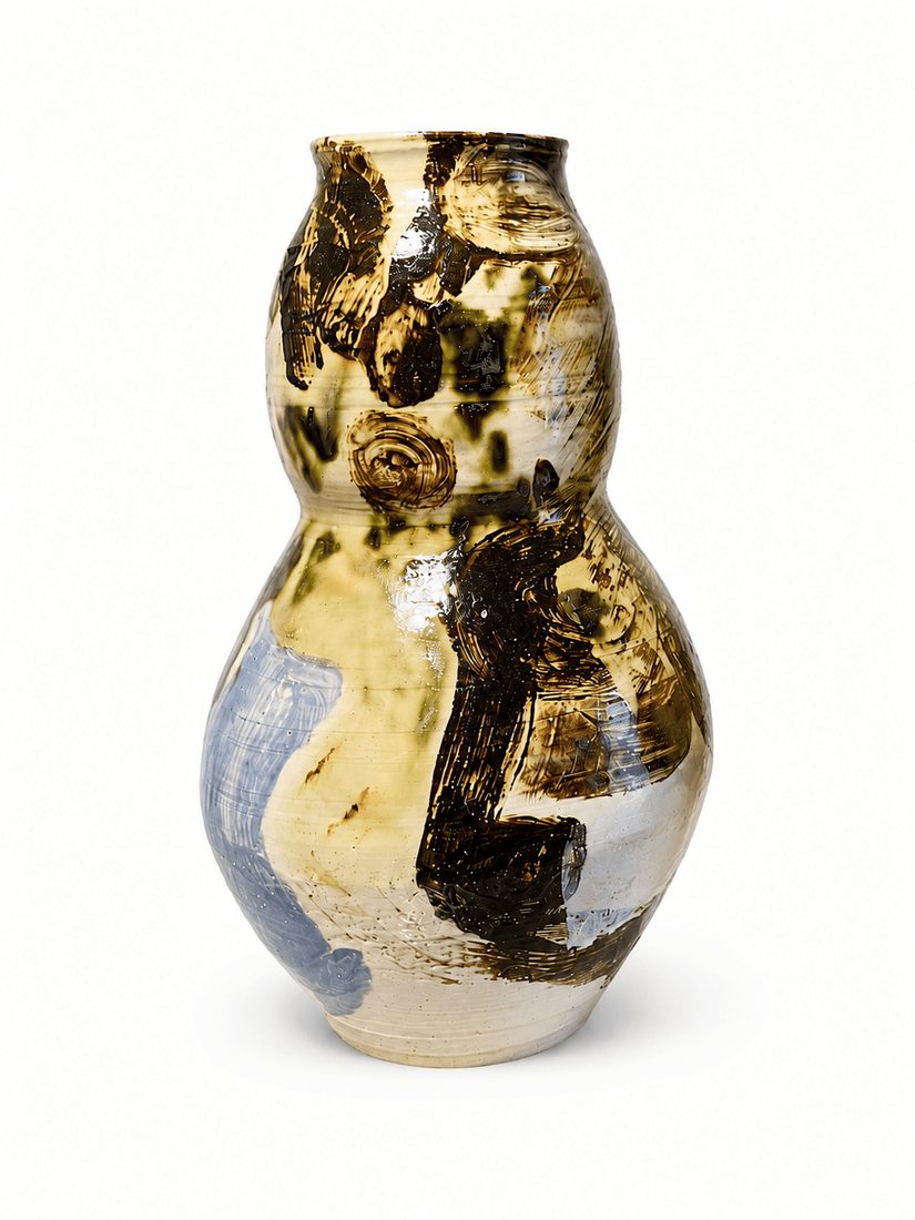 Vase double gourde, brun profond et bleu pâle sur crème