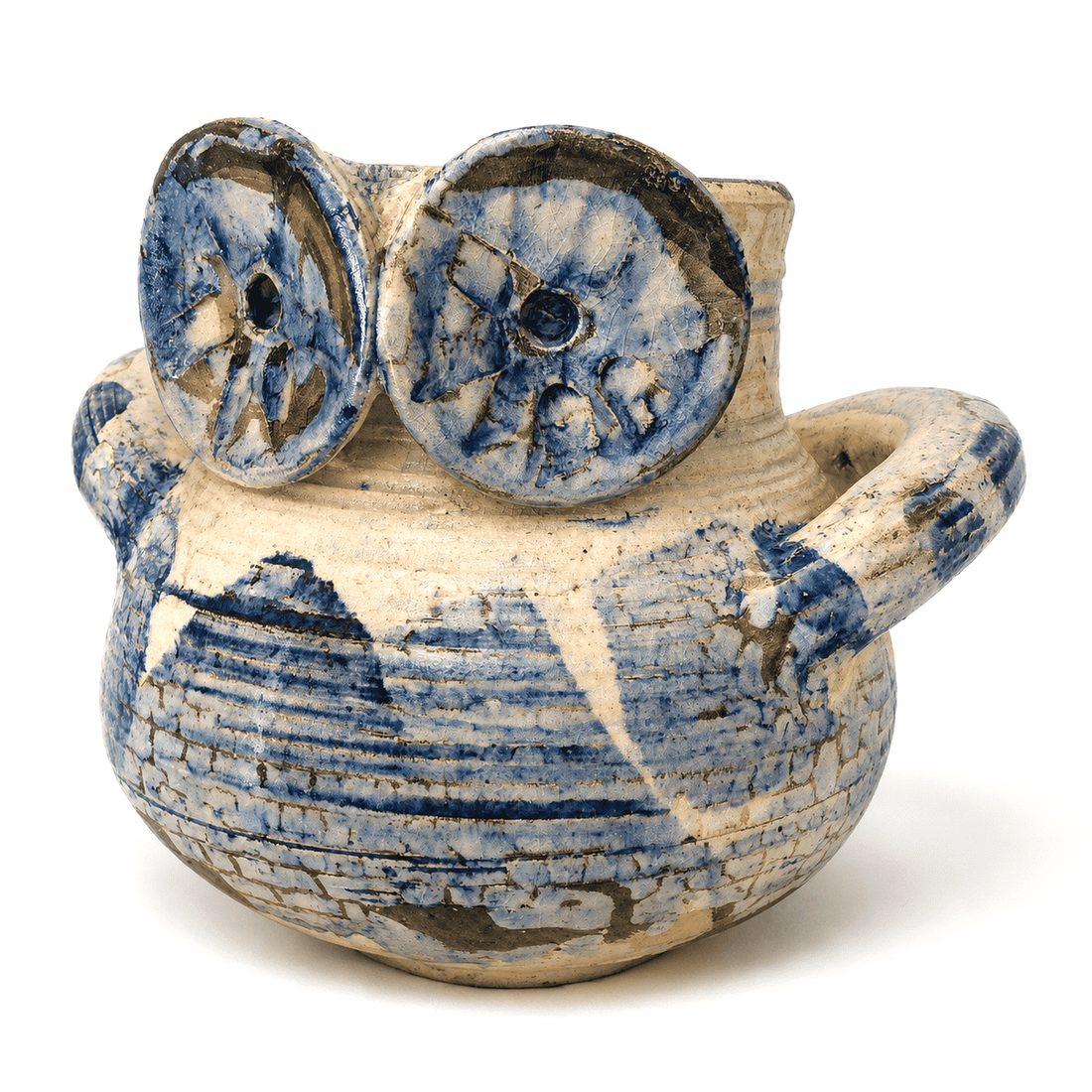 Vase Chouette, grès émaillé bleu et crème